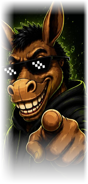 TokenMyAss mascot: a donkey in a hoodie and pixel sunglasses, pointing at you